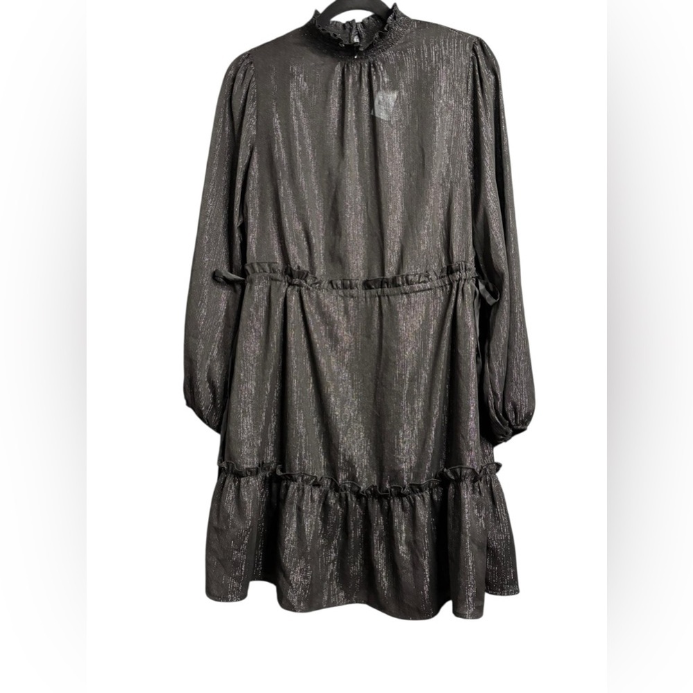 LOFT Metallic Shimmer Ruffle Neck Tiered Dress Petite Medium Black Long Sleeve